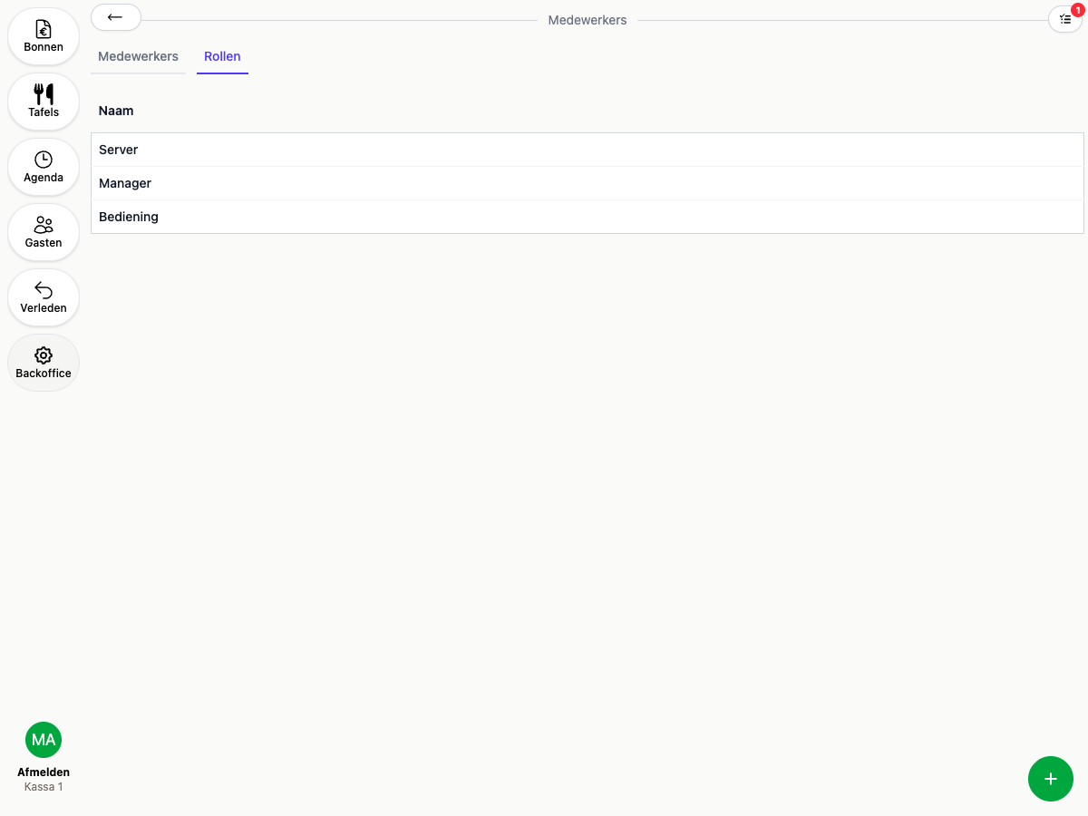 The Roles tab in the backoffice