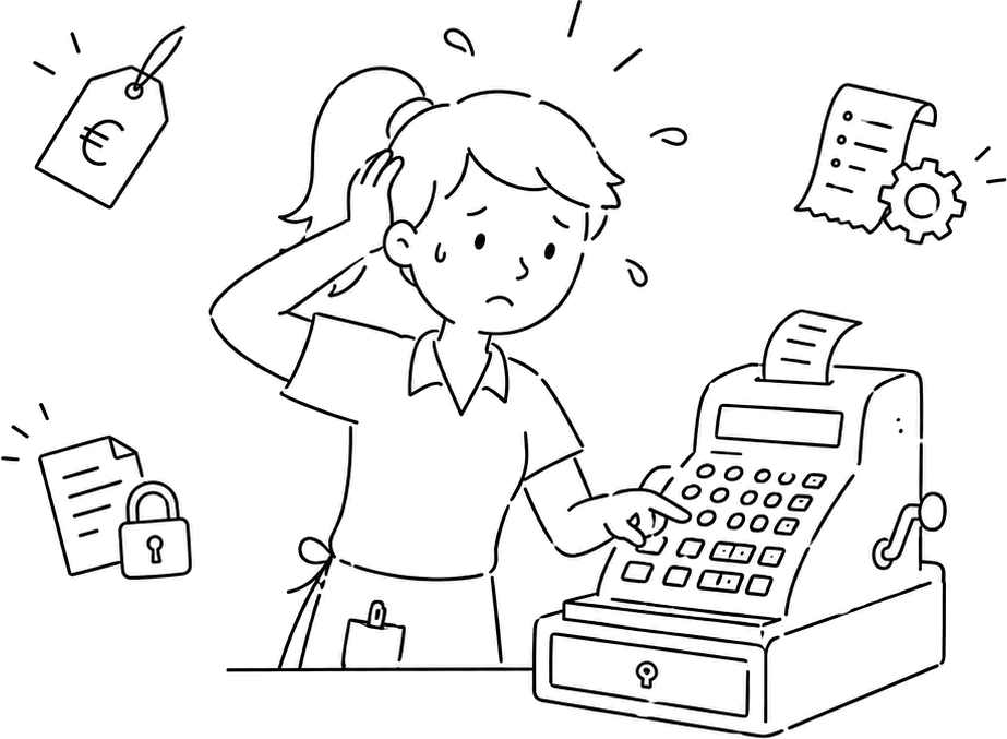 Overwhelmed hospitality worker at an old-fashioned cash register